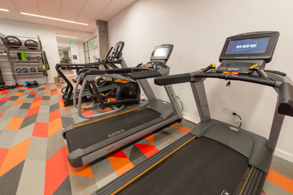 Indoor fitness gym with cardio machines, weights, and carpet flooring