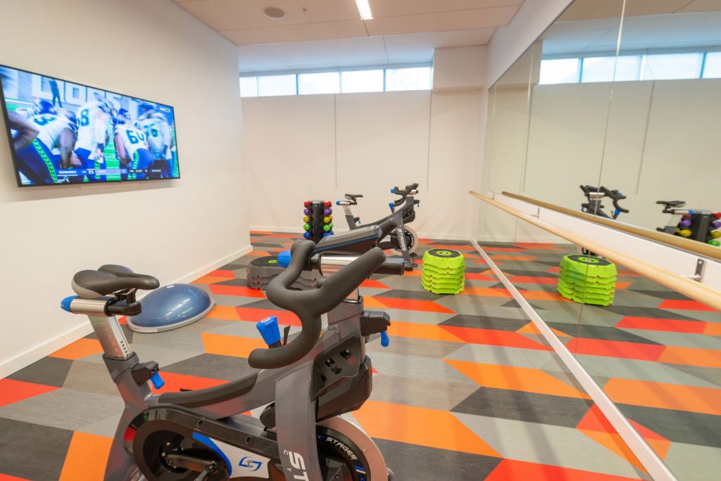 Indoor fitness gym with cardio machines, large mirror, TV, and carpet flooring