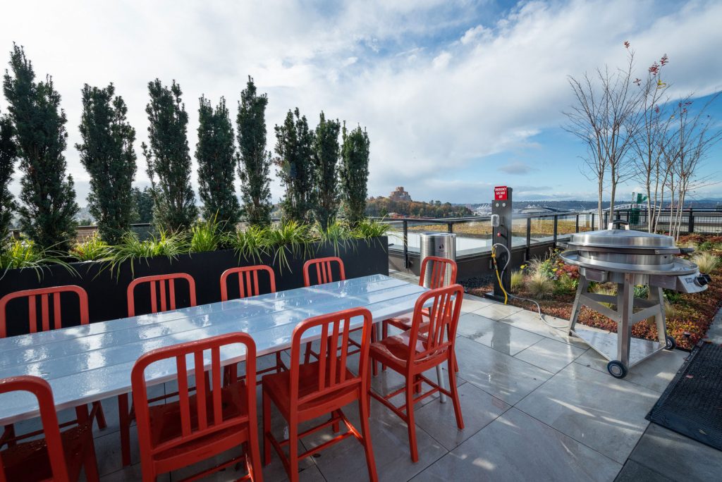 Outdoor rooftop deck with table seating, grills, garden, and views overlooking city