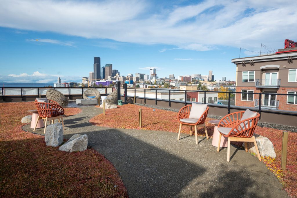 Outdoor rooftop deck with chair seating, rock features, and firepit