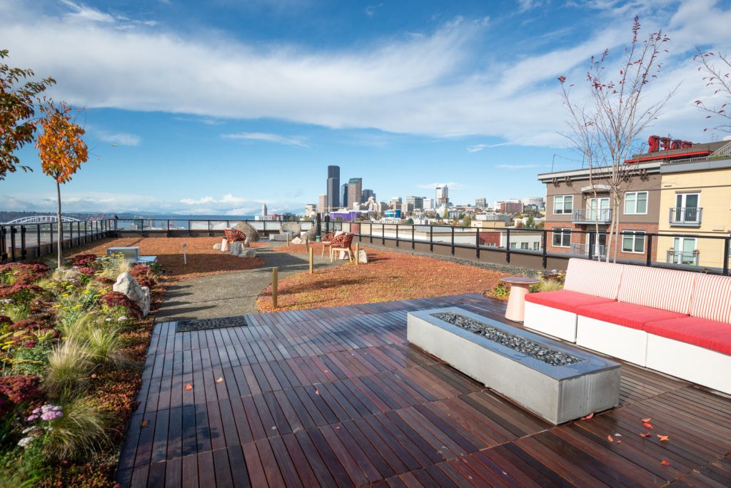 Outdoor rooftop deck with firepit, garden, couch seating, and chair seating