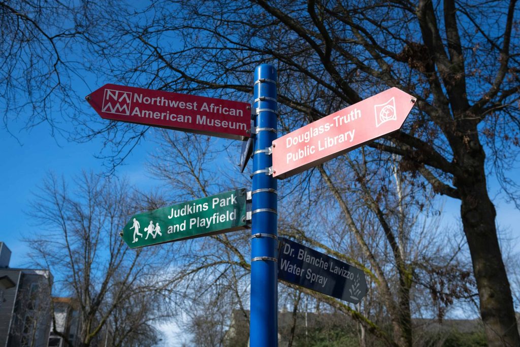 Street sign of directions for park, museum, library and water spray