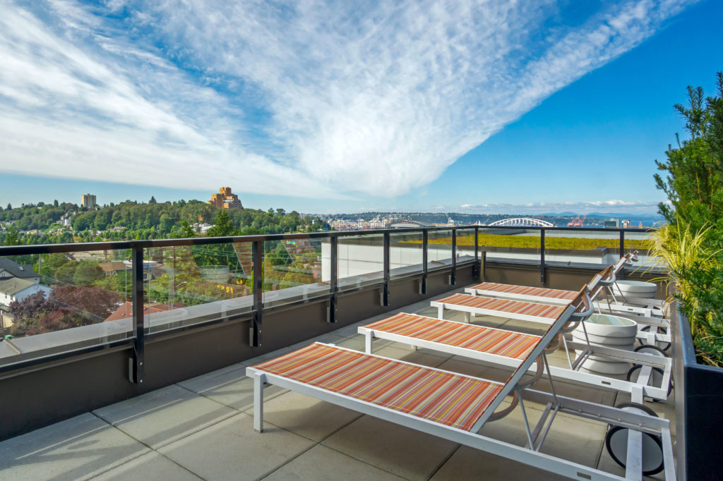 Rooftop lounge seating with views