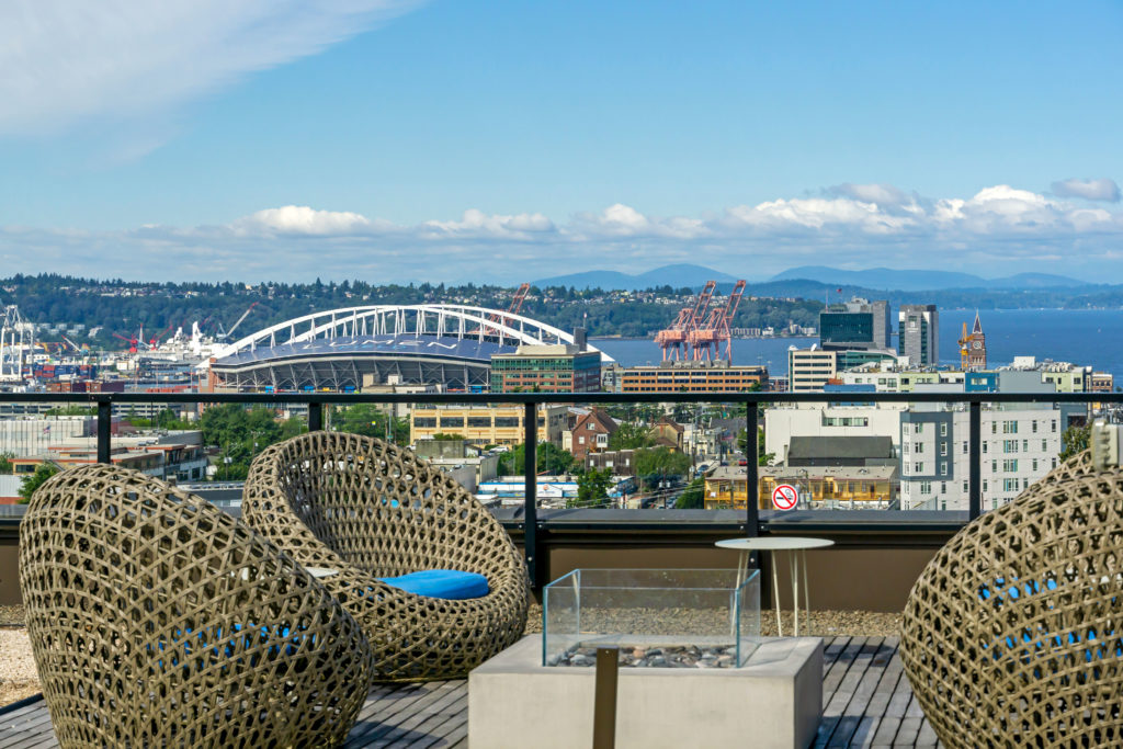 Rooftop seating with water views