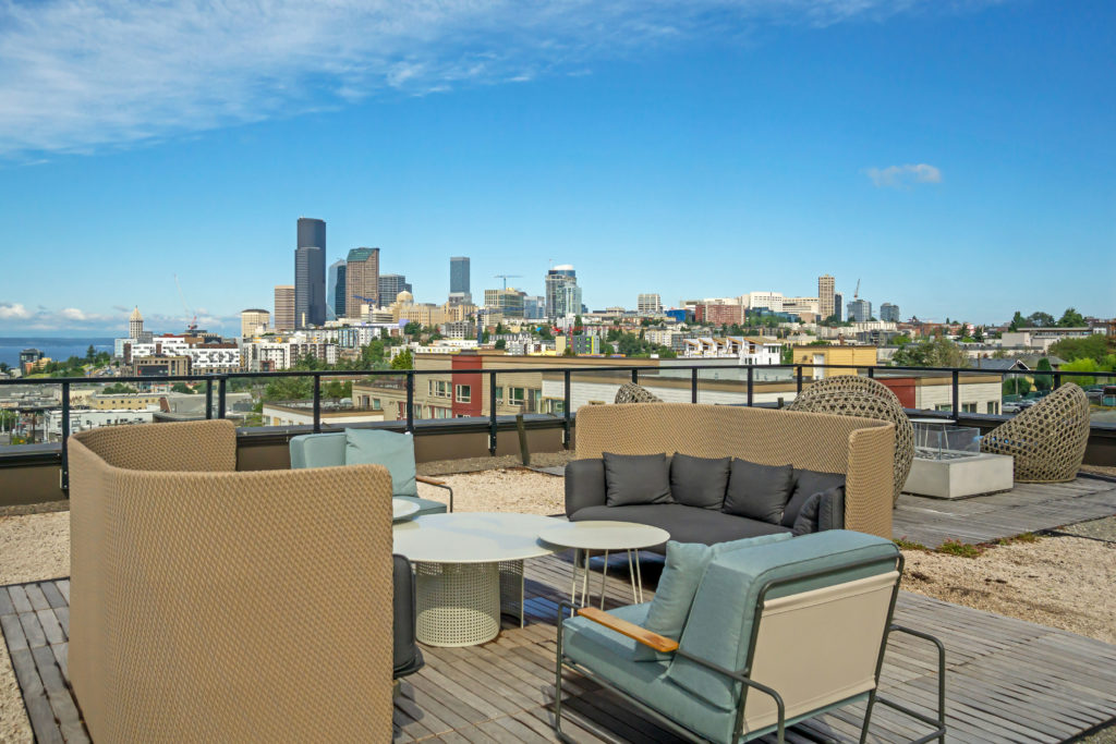 Rooftop seating with city views